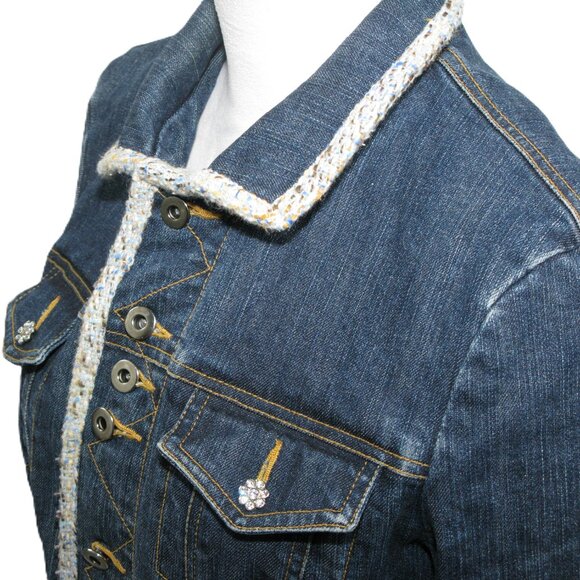 Cache Blue Tweed Trim Denim Jacket Size 8 - Picture 2 of 7